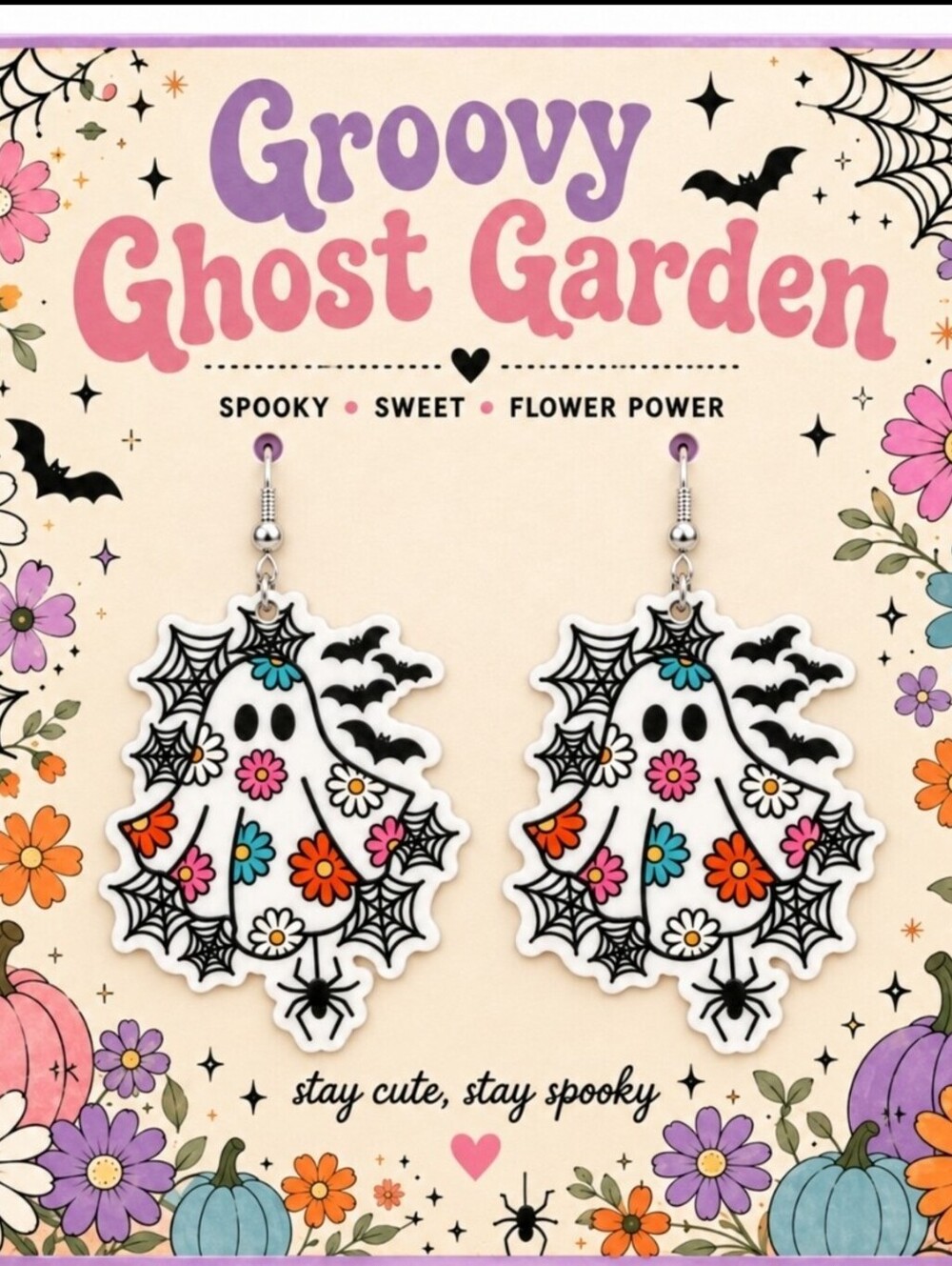 Groovy Flower Halloween Ghost Earrings